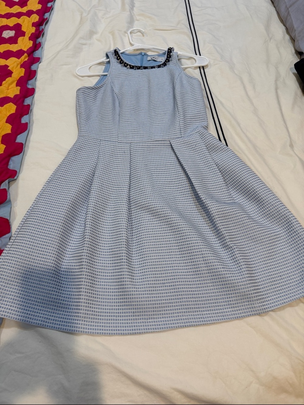 Light Blue Embellished Neck Fit-and-Flare Dress